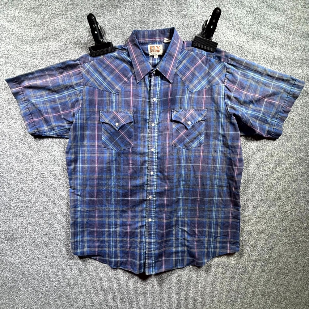 Vintage Ely Cattleman Western Shirt Mens XL Blue Tartan Plaid Cowboy Pearl Snap